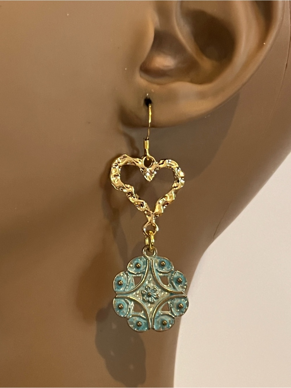 Gold and Turquoise Heart Drop Earrings